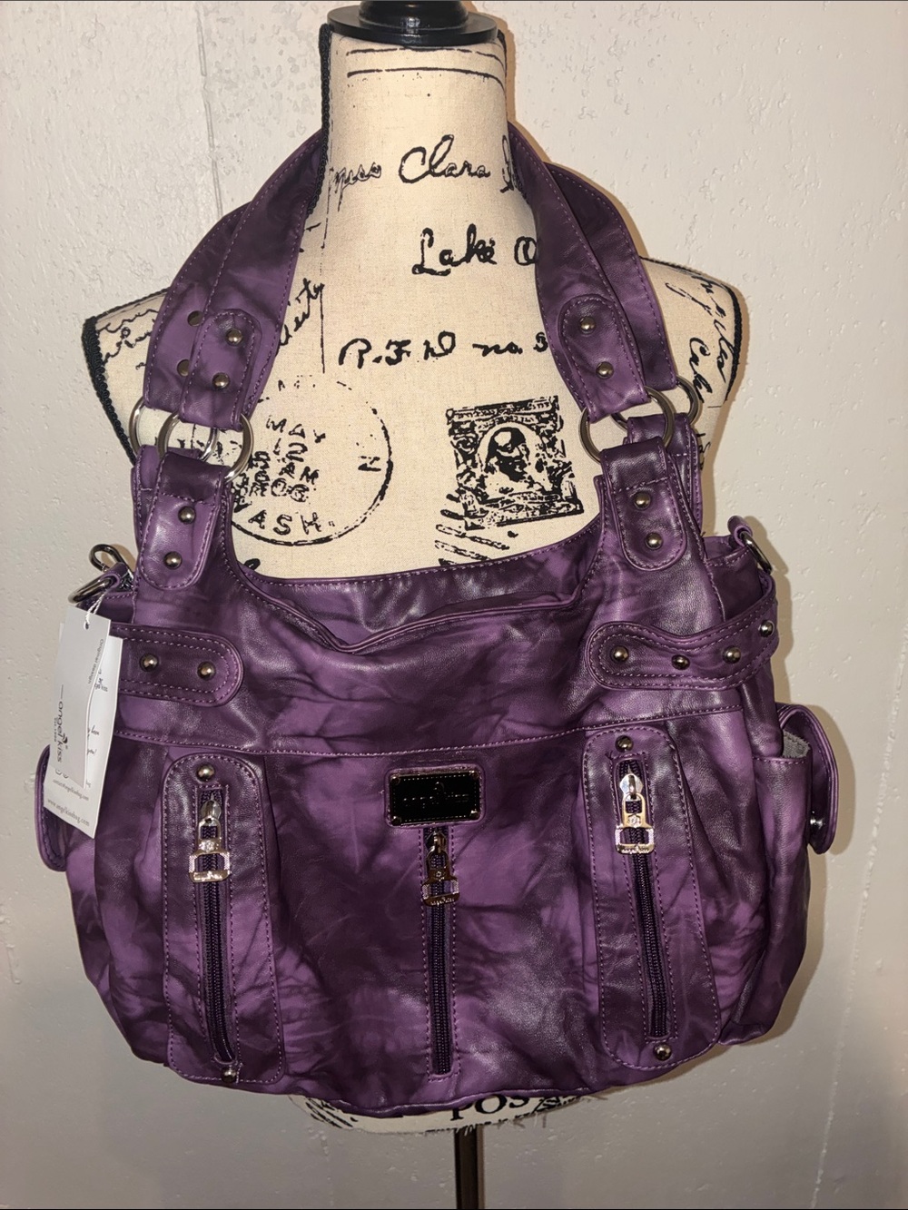 Angel Kiss Purple Leather Multi-Zip Shoulder Bag